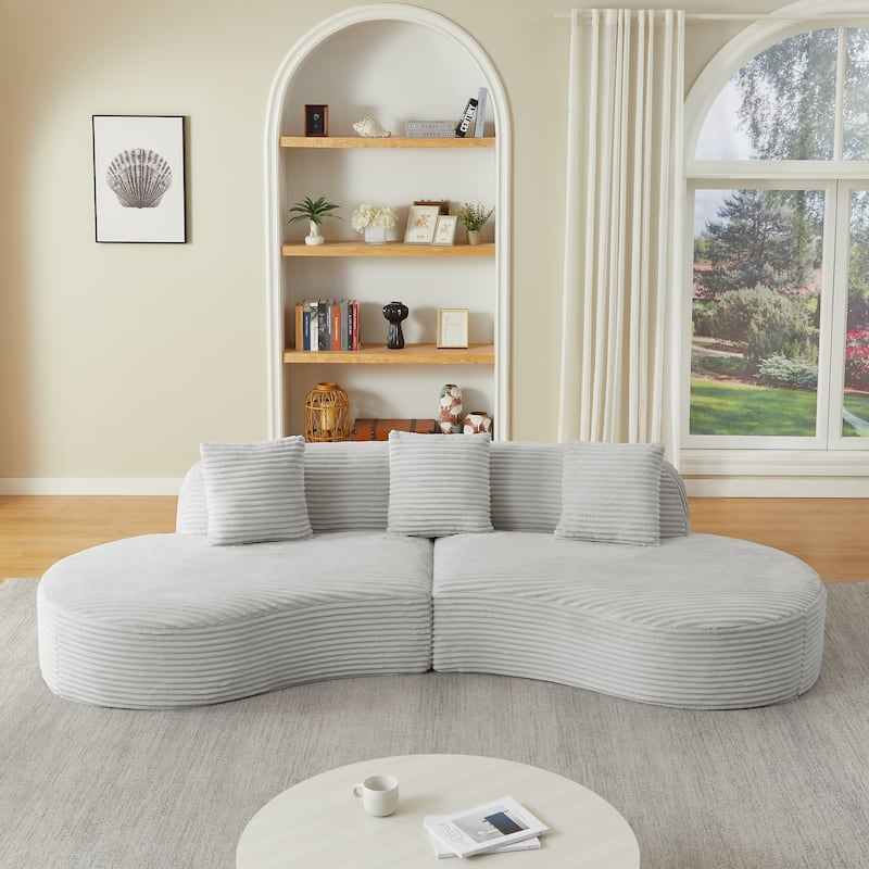 Corduroy Upholstered Curved Sectional Sofa Compressed Modular Couch - Light Grey