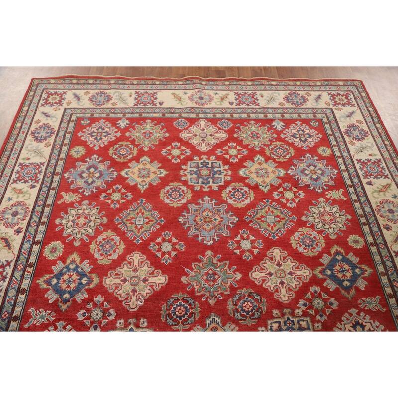 All-Over Geometric Kazak Area Rug Hand-Knotted Wool Carpet - 6'6" x 9'6"