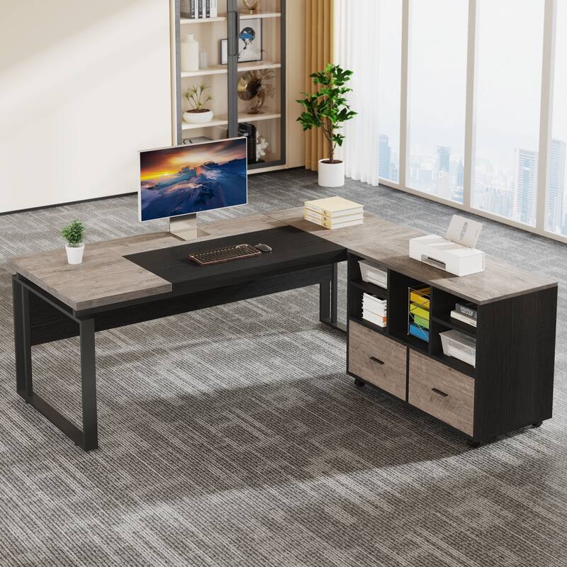 63" L-Shaped Executive Desk with Reversible File Cabinet