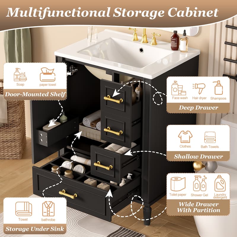 24" Modern Bathroom Vanity with Ceramic Sink - Soft-Close Door, 3 Drawers & Gold Handles