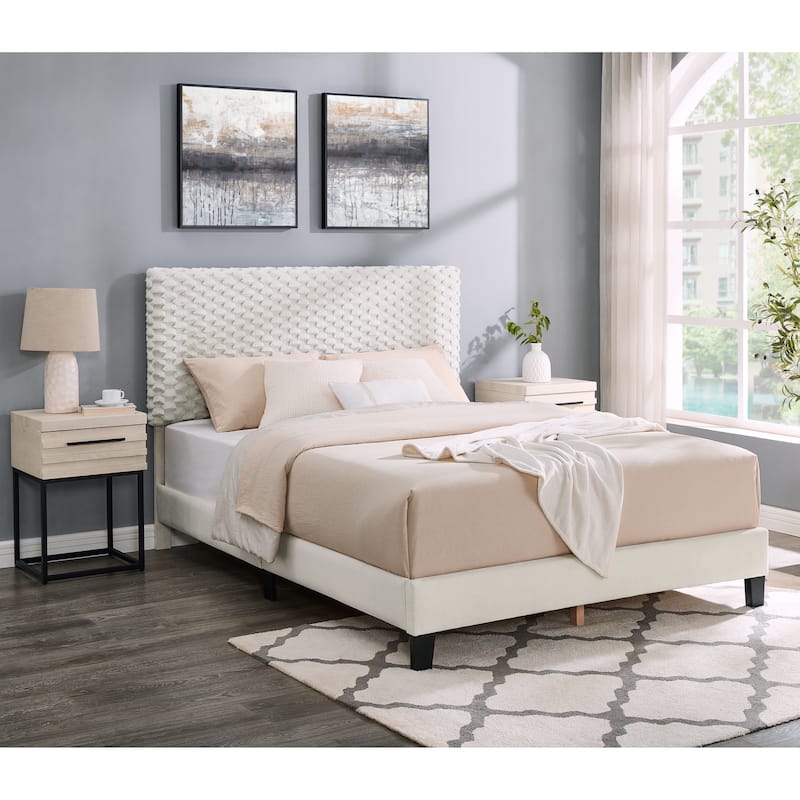 Findlay 3-Piece Bedroom Set, Plush 3D Upholstered Bed with Two Nightstands, Full - Off White