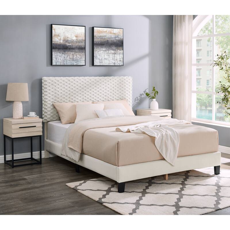 Full Size MDF Height-Adjustable 3D Upholstered Platform Bed Set with 2 Nightstands and Slats
