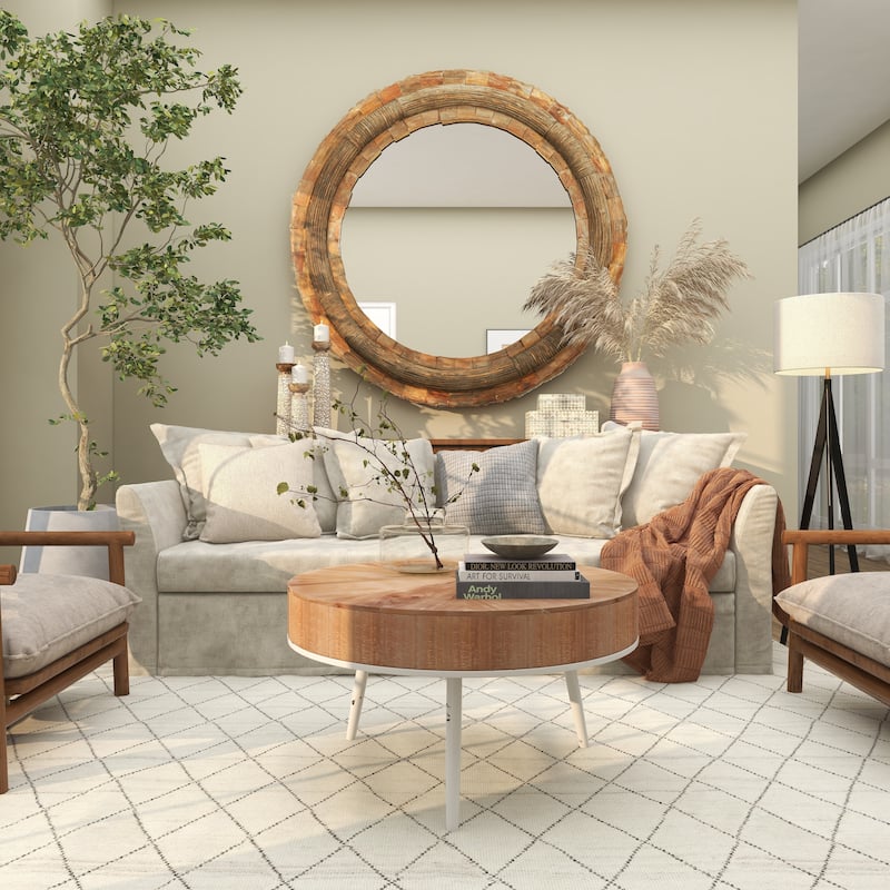 Brown Wood Large Room Wall Mirror with Layered Wood Chip and Stick Design