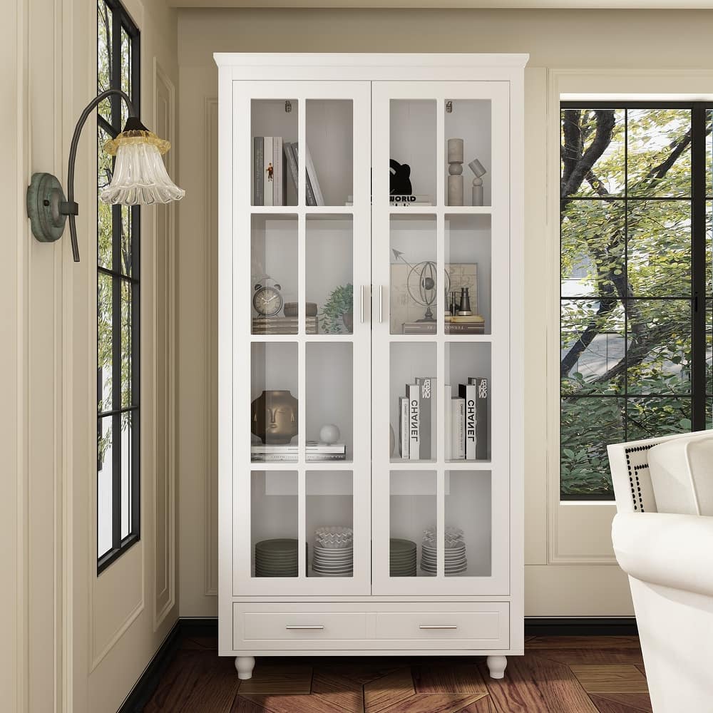 Bookcase Storage Cabinet with Glass Door& Drawer Display Cabinet White