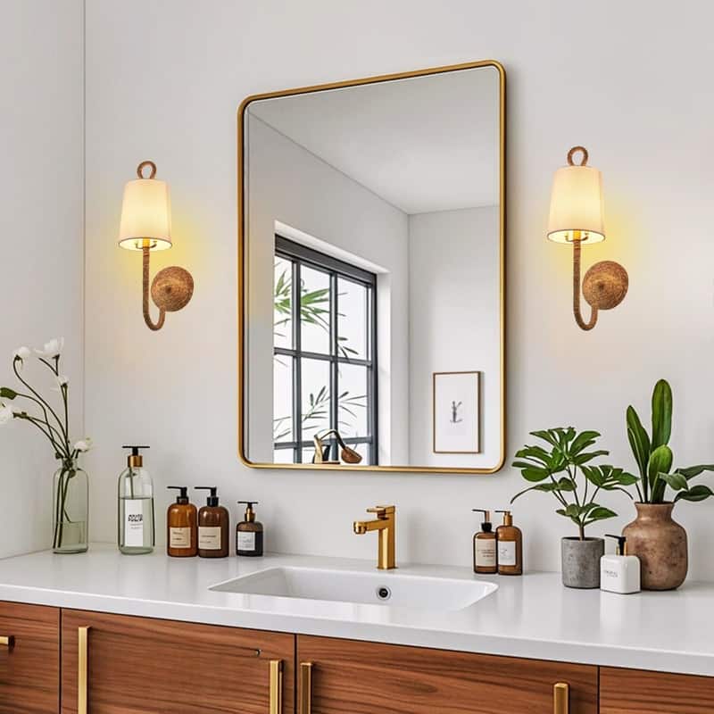 2 Pack wall sconce white wall light fixture fabric, metal, wicker sconce lights