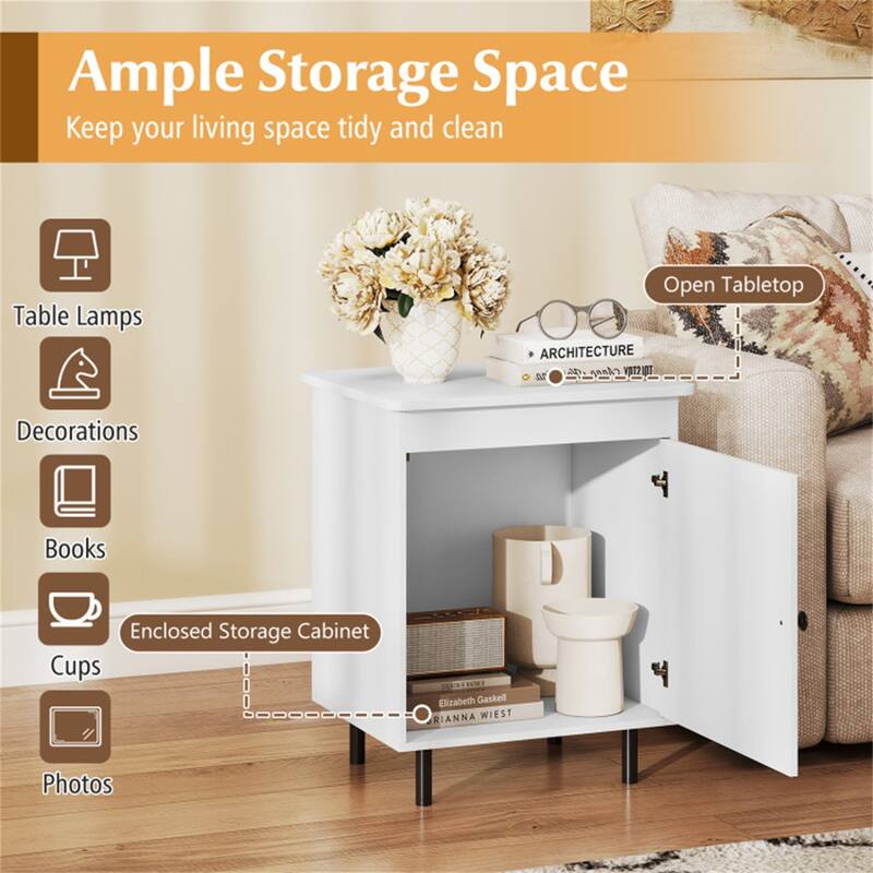 White Engineered Wood End Table with Cabinet Storage and Metal Legs Set of 2