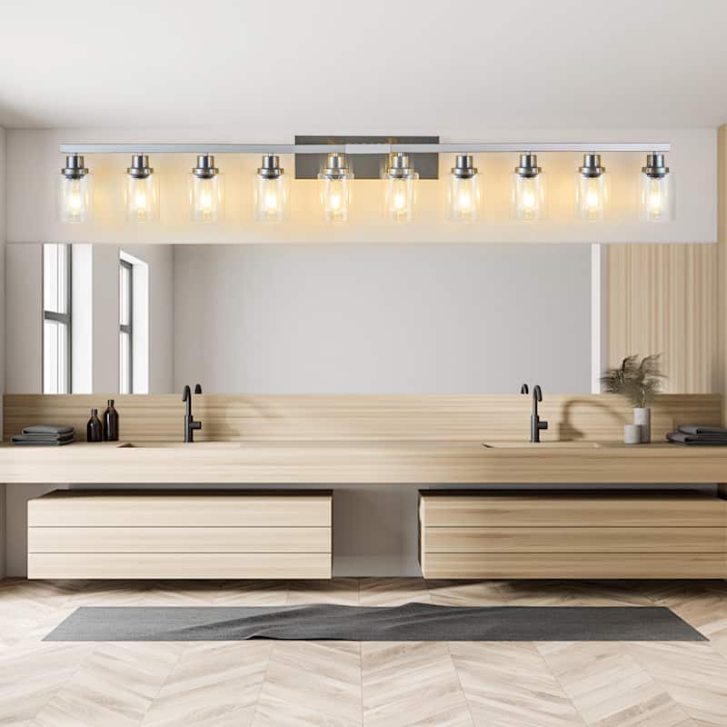 10-Light Bathroom Vanity - Clear Glass, Brushed Nickel - Wall Sconce