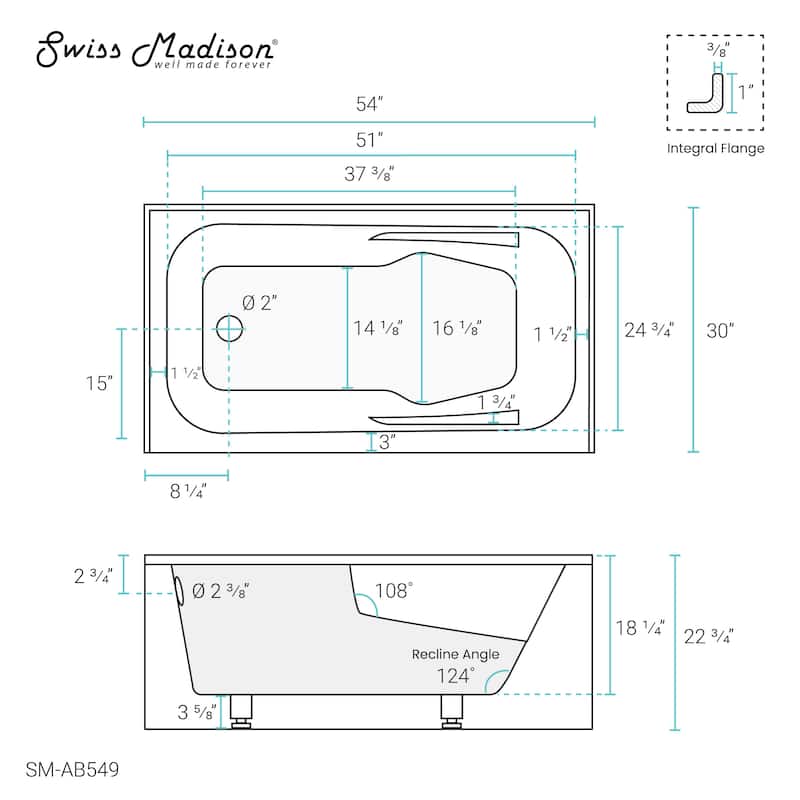 Swiss Madison Voltaire, Acrylic White, Alcove, Integral Armrest, Bathtub with Apron