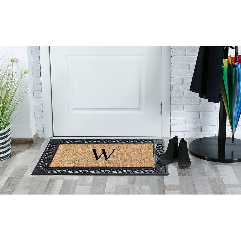 A1HC Rubber and Coir Maple Leaf, Heavy Weight Durable Monogrammed Doormat, 23"X38" Black