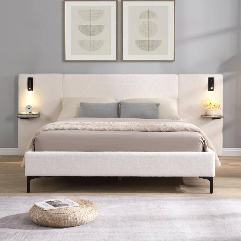 Chic Bouclé Upholstered Bed with Integrated Lighting and Shelves - White - Queen