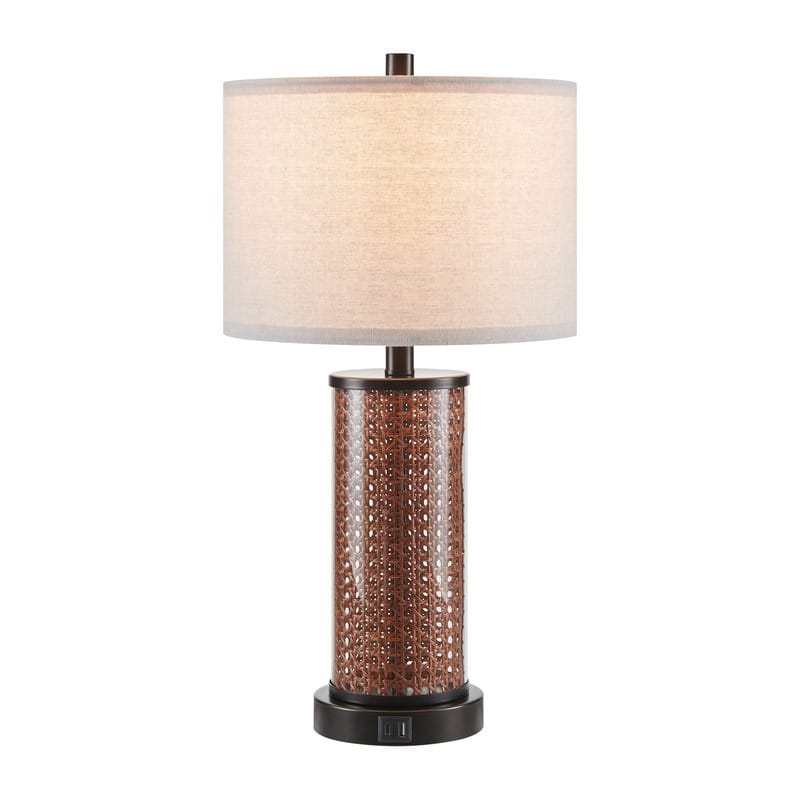 KAWOTI Modern Table Lamp with USB Charging Ports&AC Outlet, Glass&Rattan Design - W12" x H23.5" (Set of 2)