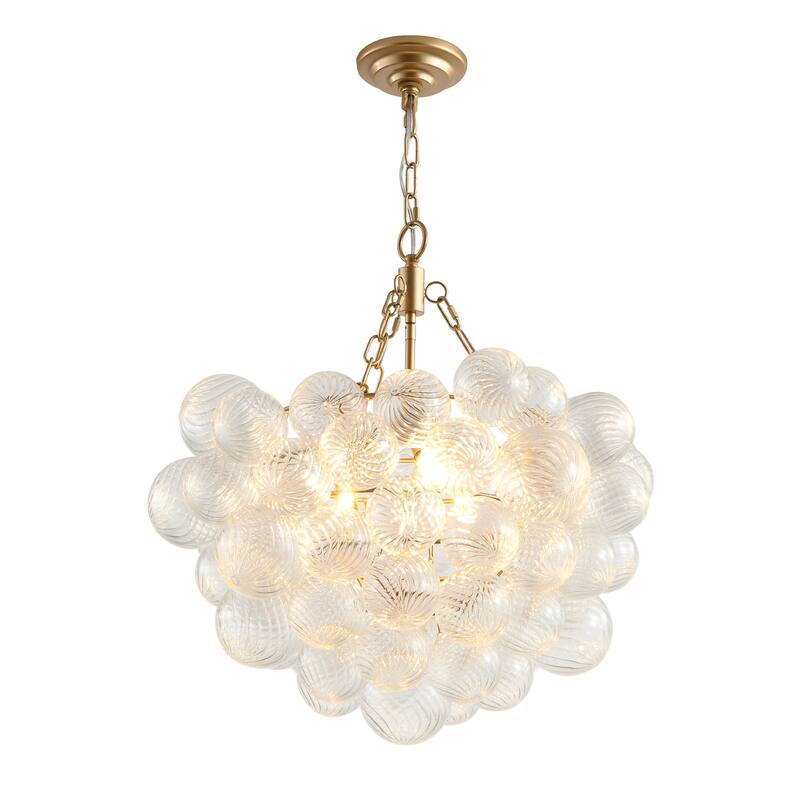 Modern Gold Pendant Light Chandelier with Threaded Clear Glass Globe Shade Adjustable Height, for Living Room, Dining Room