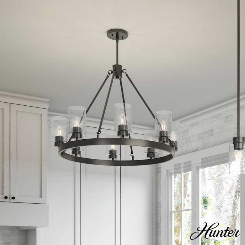 Hunter Hartland Wagon Wheel Chandelier - Dining Room, Kitchen, Entry - Modern Farmhouse, Industrial - 32" 8-Light - Noble Bronze