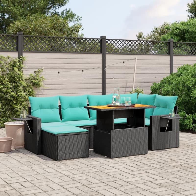 vidaXL Patio Sofa Set with Cushions Outdoor Furniture 7 Piece Poly Rattan - 21.7 x 24.4 x 27.2 - Black