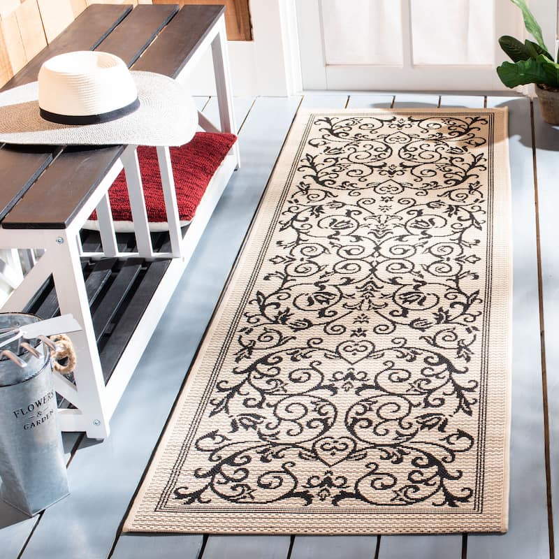 SAFAVIEH Courtyard Miljeta Indoor/ Outdoor Waterproof Patio Backyard Rug - 2'3" x 8' Runner - Sand/Black