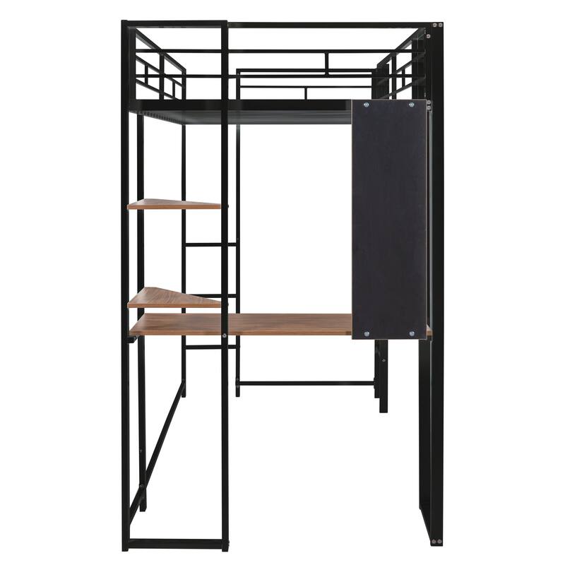 Twin Size Metal Loft Bed with Desk and Shelves, Black Finish