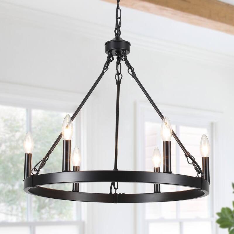 6-Light Farmhouse Candlestick Circle Iron Wagon Wheel Chandelier for Dining Room with No Bulbs Included