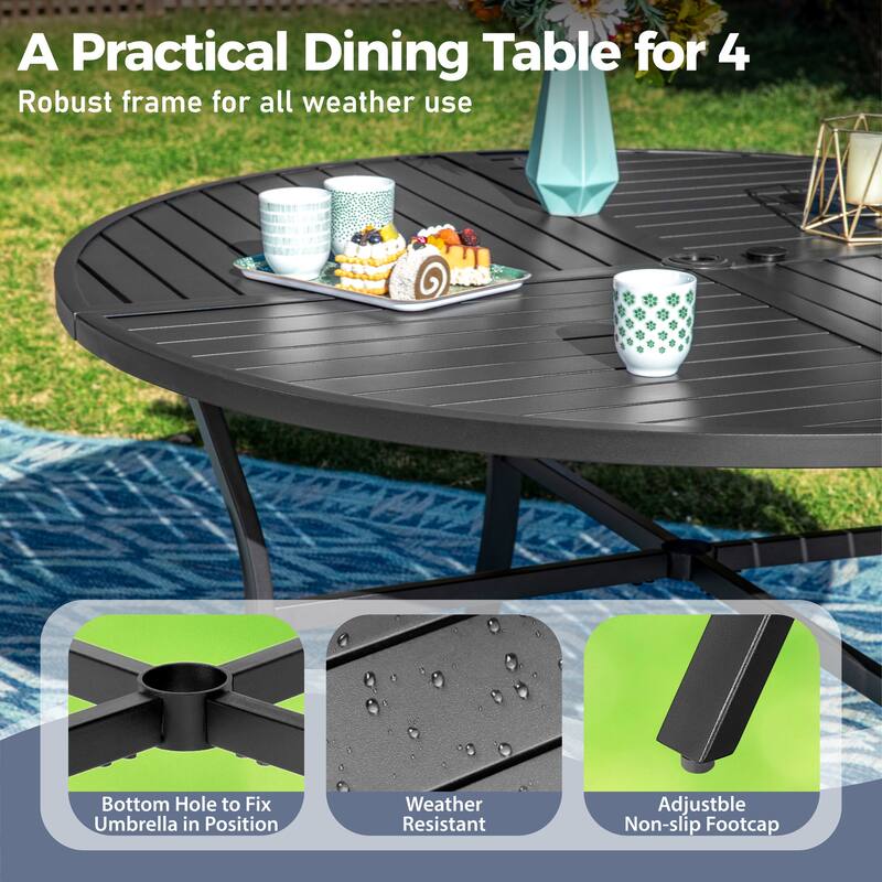 MAISON ARTS 6-Piece Patio Dining Set, Geometrically Stamped Round Table and 4 Textilene Dining Chairs with 9ft Patio Umbrella
