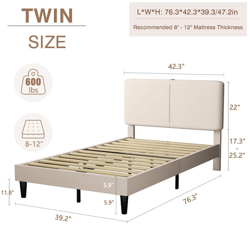 Javlergo 2 Pack Kids Upholstered Platform Bed Frame with Type-C USB Charging Station Adjustable Split Headboard Bed Set of 2