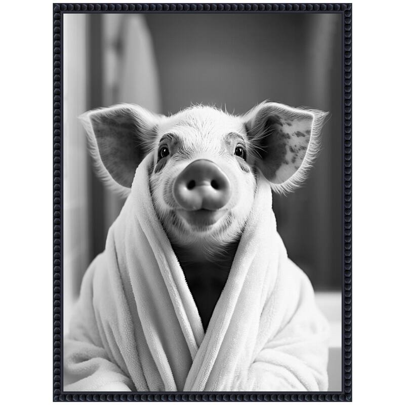 Kate and Laurel Sylvie Pig Bathroom Art Towel Robe Black and White Framed Canvas by The Creative Bunch Studio