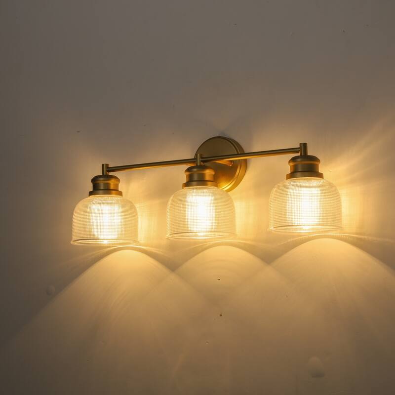 23.8" W 3-Light Retro Industrial Gold Bowl-Shaped Bathroom Vanity Light with Clear Chequered Textured Glass Shades