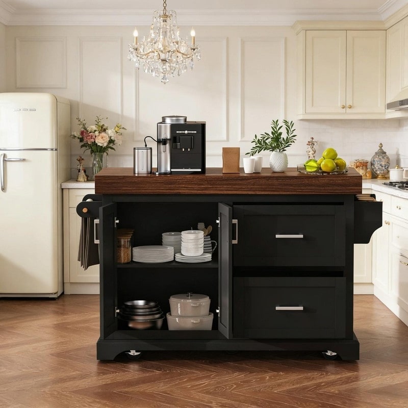 53" Rolling Kitchen Island with 3.5" Thick Top, Storage Cabinet, 2 Large Drawers, Spice & Towel Racks, Mobile Cart on Wheels