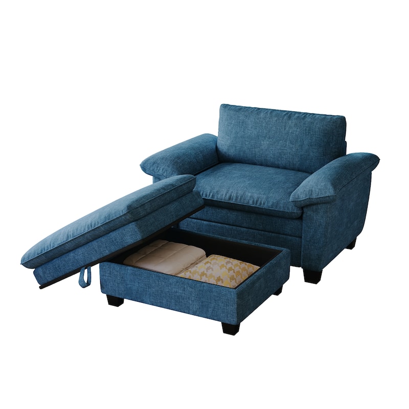 Oversize Chaise Lounge Chair with Ottoman and Storage, Upholstered in Soft Chenille