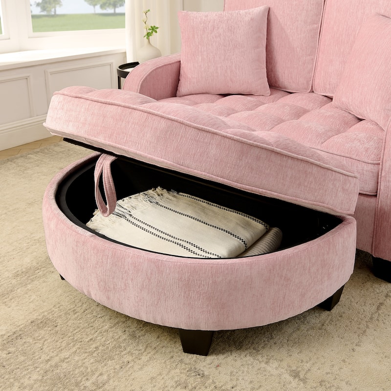 Two-Seater Chaise Longue Sofa with Storage Footrest, Irregular Armrests & Throw Pillows for Living Room & Bedroom