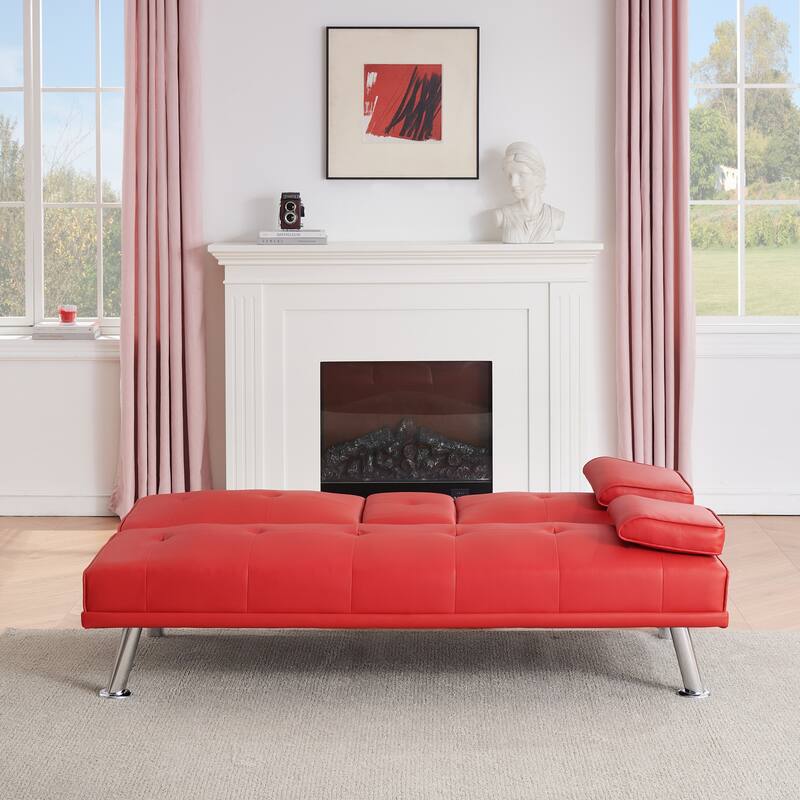 Roomfitters 67-Inch Red Faux Leather Convertible Futon Sofa Bed, Modern Sleeper Couch with Cup Holders for Small Spaces