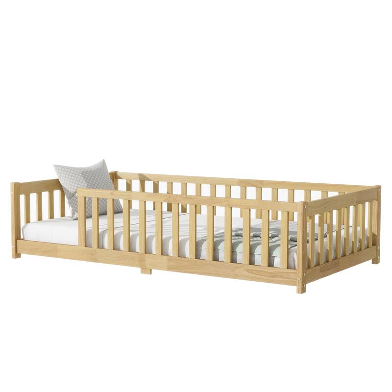 Twin Size Floor Bed With Fence Without Door, Rubber Wood Floor Bed With Safety Guardrails