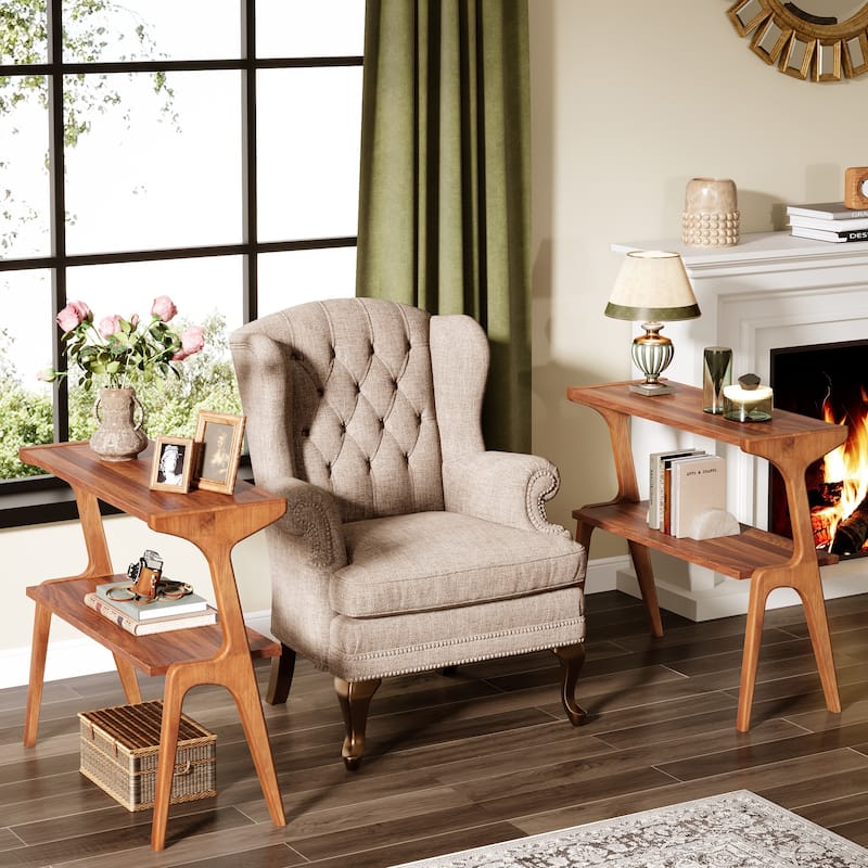 Narrow End Table for Living Room, 2-Tier Slim Sofa Side Table (Set of 2) - Brown