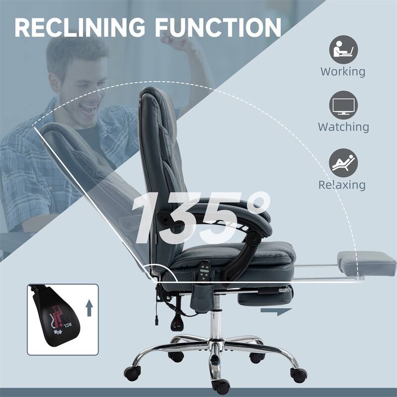 Grey PU Leather Reclining Massage Office Chair with Heat and Footrest - 26.5" W x 26.5" D x 44.5" -47.75" H