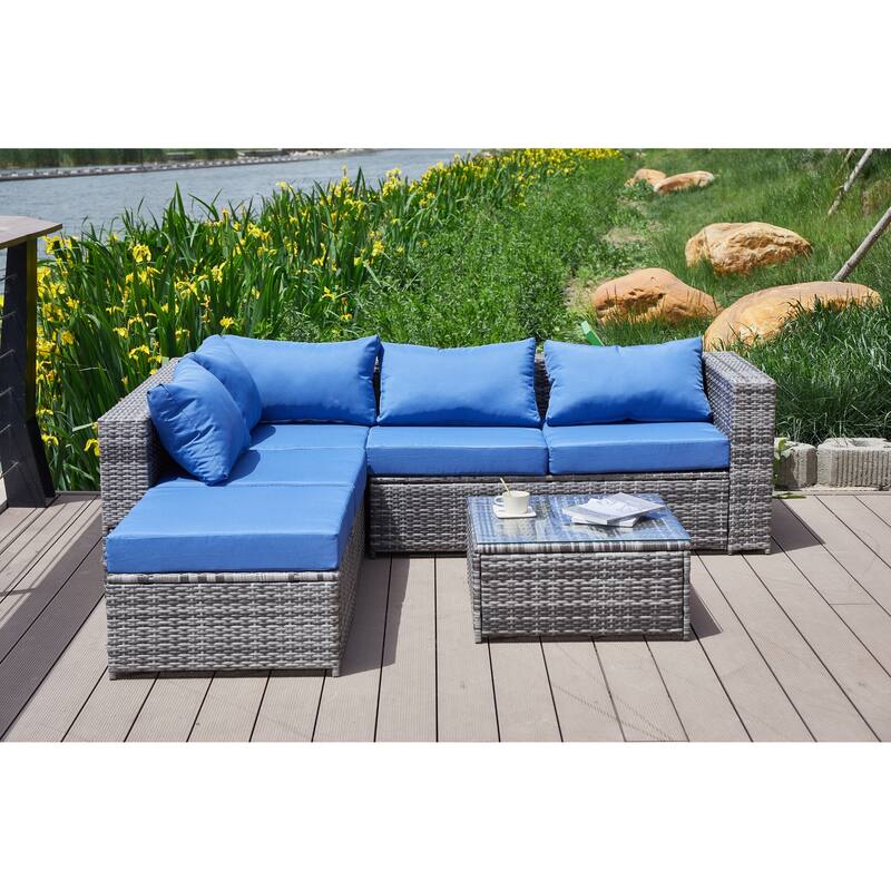 6 Piece Outdoor Sectional L- Shaped Sofa Set, All-Weather PE Wicker Rattan Conversation Furniture Set with Coffee Table