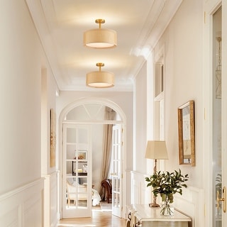 Hall Flush Mount Mid Century Hallway Light MLiAN 3-Light Rattan Or