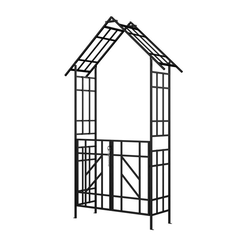 Metal Garden Arch with Gate W58.07*H97.24 Climbing Plants Support Rose Arch Outdoor