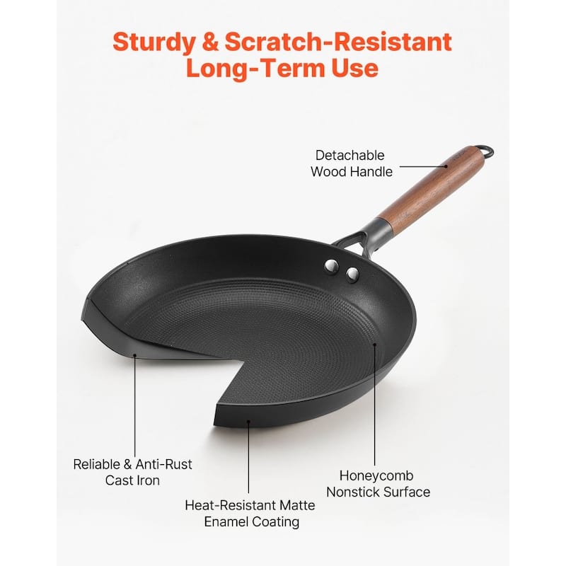 3-Piece Black Cast Iron Frying Pan Set with Detachable Wood Handle for Even Heat Cooking - Large Pan Size: 22 x 12 x 4 in
