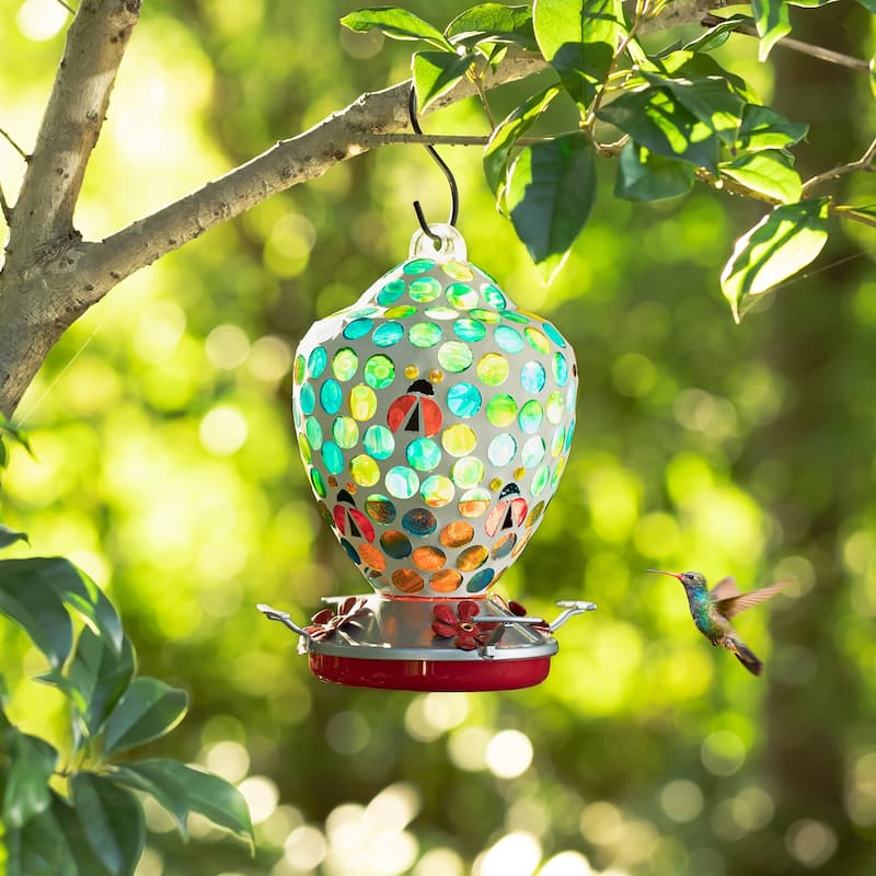 Glitzhome 8.25"H Glass Hanging Dots & Ladybugs Mosaic Birdfeeder