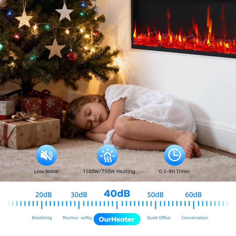 42" Electric Fireplace Heater Wall Mounted/ Recessed with Remote Control, 750W/1500W with Timer