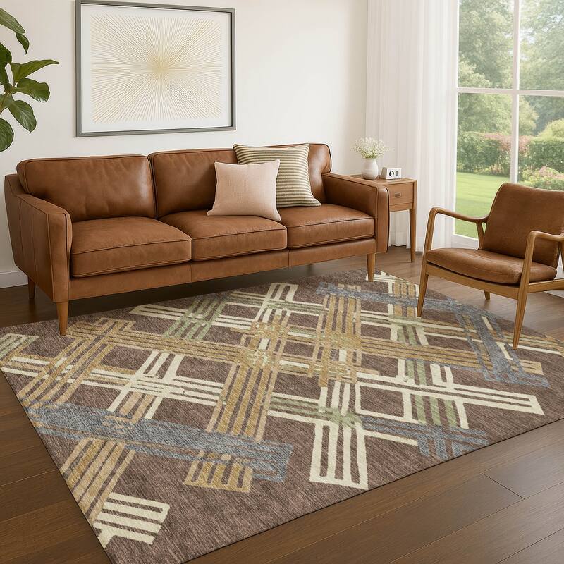Machine Washable Indoor/ Outdoor Modern Trellis Chantille Rug
