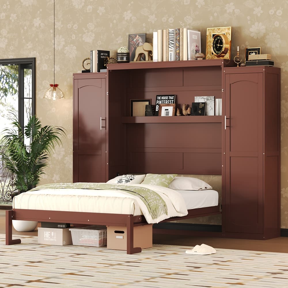 Murphy Bed Wall Bed Space Saving Bed with Wardrobe and Storage Shelf On Both Sides, Integrated Storage Murphy Bed for Apartment