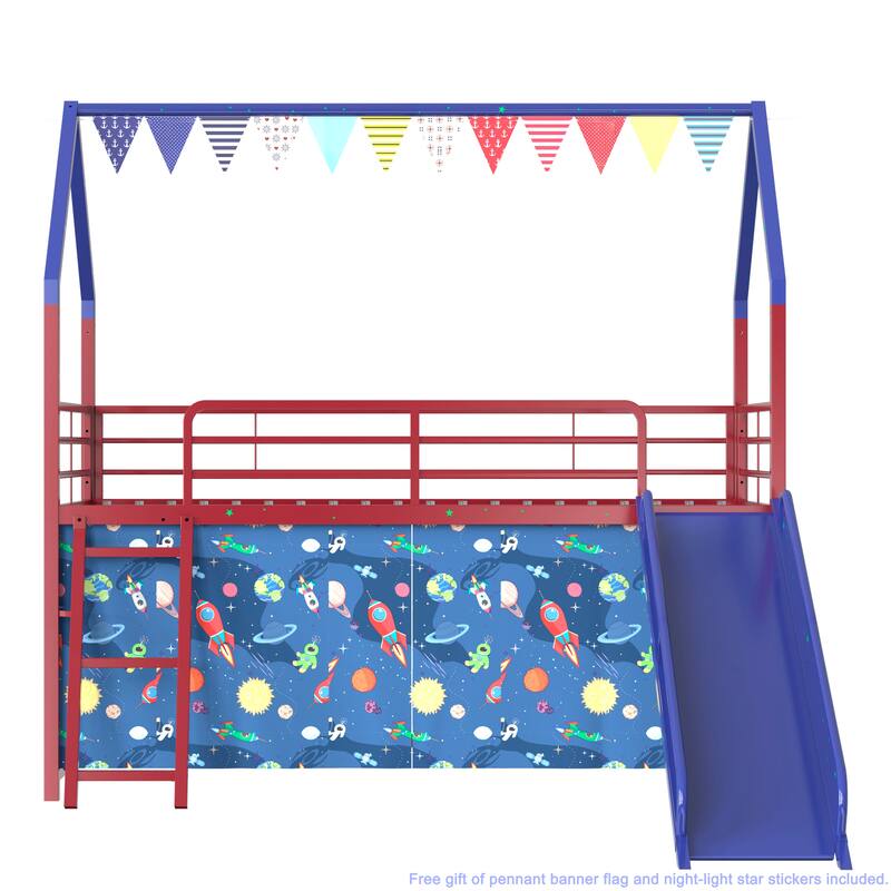 Metal Junior House Twin Loft Bed with Slide and Curtain Set