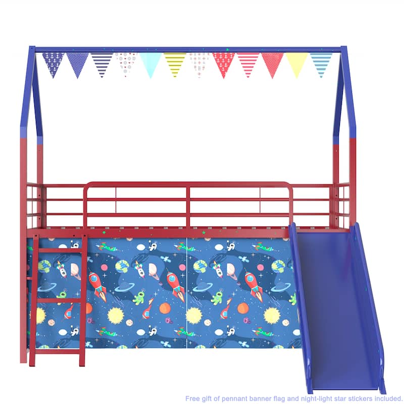 Superhero Themed Twin Loft Bed with Slide and Safety Features for Kids