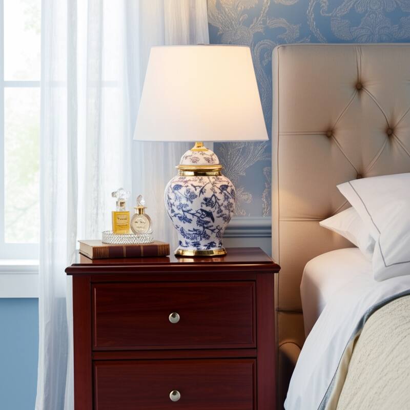 Ceramic Table Lamp Floral Bird Print with Accent Glam Decor - 19" Blue - 12" x 12" x 19"
