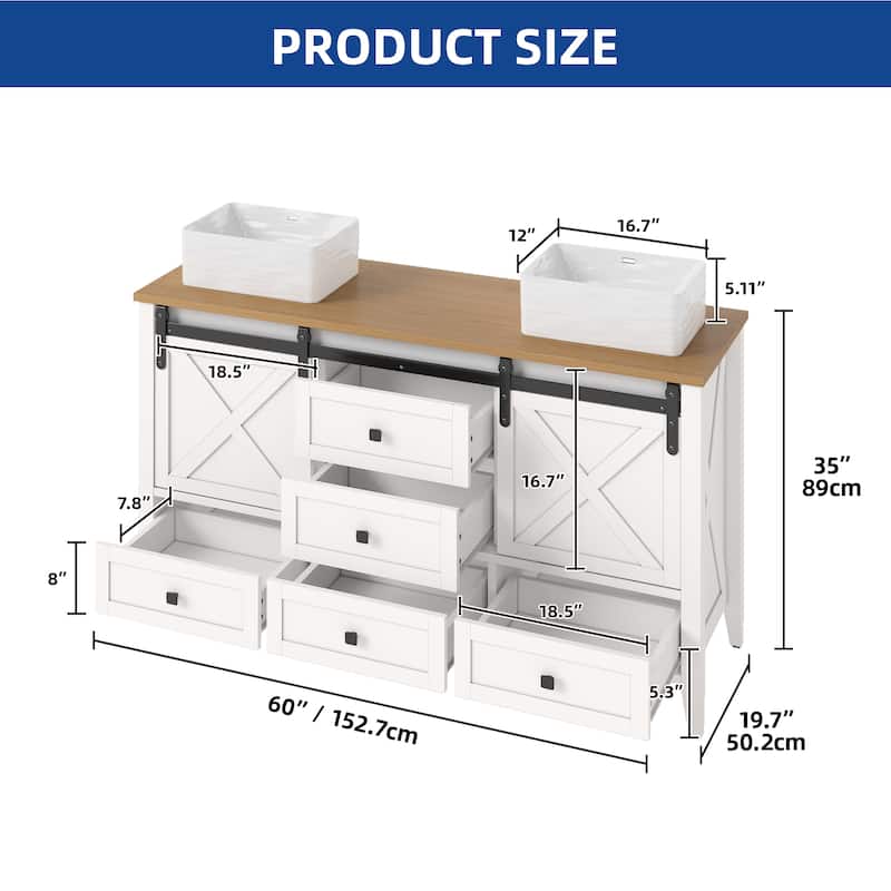 Moasis 60" Farmhouse Double Sink Bathroom Vanity Cabinet with Ceramic Sink Basin and Sliding-Door Cabinet & 5 Drawers