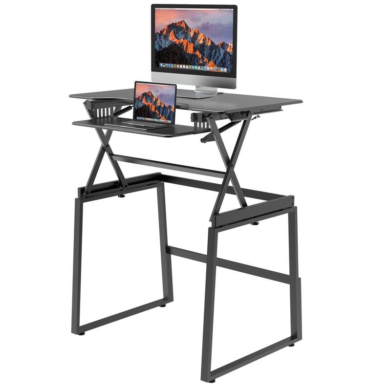 Rocelco 40 in. W Black Height Adjustable Standing Desk with Floor Stand and Gas Spring Assist Keyboard Tray Platform