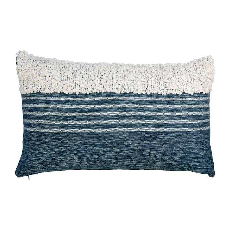 Riley Handwoven Wool Blend 14-inch x 24-inch Lumbar Pillow, Off White and Indigo Blue