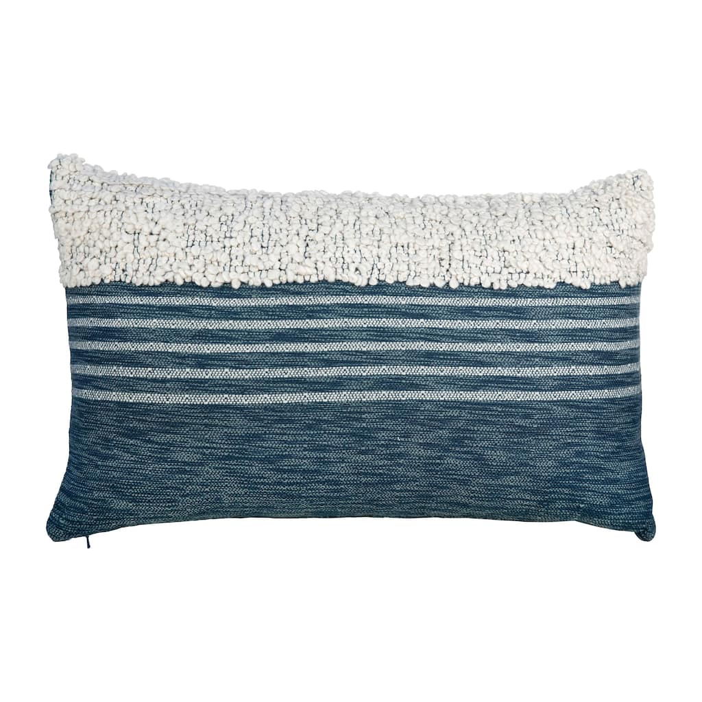 Riley Handwoven Wool Blend 14-inch x 24-inch Lumbar Pillow, Off White and Indigo Blue