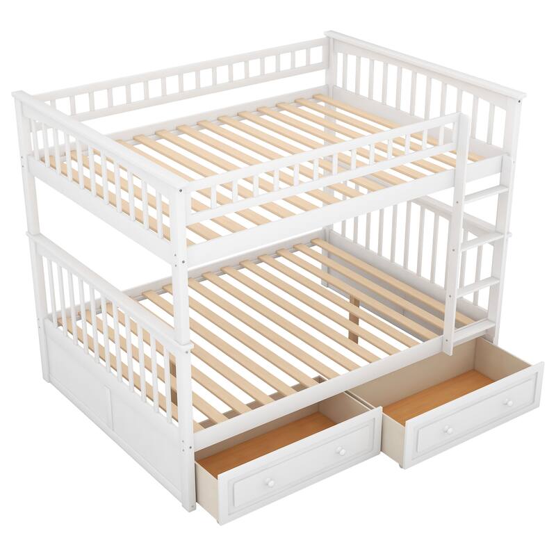 Convertible Full Bunk Bed with Drawers, White, Pine Wood & MDF