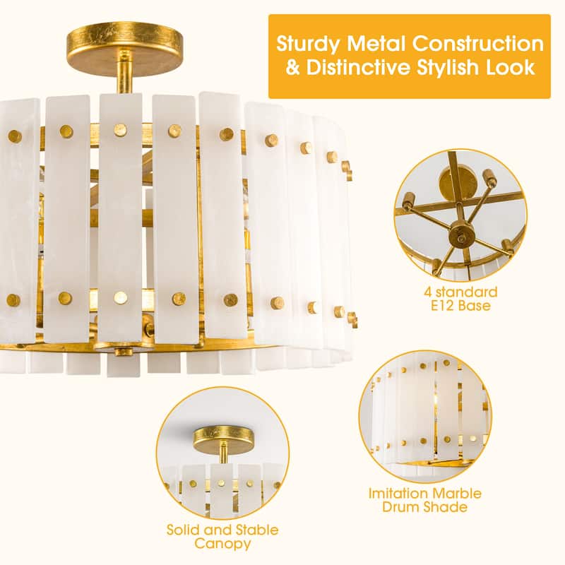 Gold Vintage Imitation Marble 4-Light Drum Semi-Flush Mount Ceiling Light - 17.72-inch W x 12.8-inch H