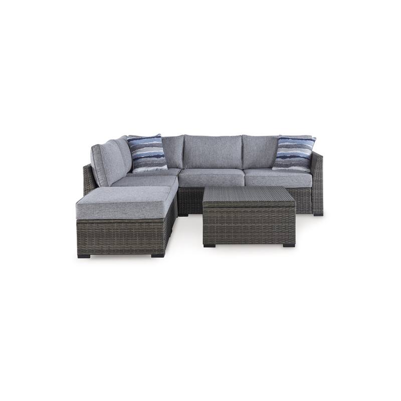 4 Piece Outdoor Sectional Sofa, Chaise, Storage Table, Throw Pillows, Gray